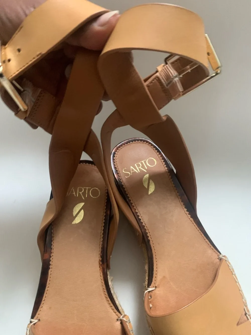Franco Sarto Cognac Leather Espadrille Wedge Sandals